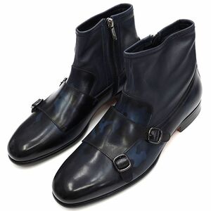 J0452S 未使用品 Santoni/レザーブーツ 【サイズ：UK7】 ネイビー カモフラージュ 14498 ダブルモンク サイドジップ サントーニ