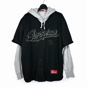 シュプリーム SUPREME 22SS Baseball Jersey Hooded Sweatshirt ベースボールシャツ レイヤード フーディ パーカー L 黒ブラック メンズ