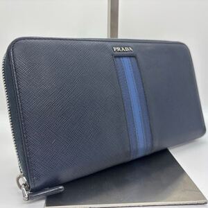 【極美品】PRADA プラダ 長財布 ラウンドファスナー オーガナイザー サフィアーノ レザー ストライプ メンズ ビジネス ネイビー メタルロゴ