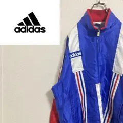 【金】adidas アディダス　立体ロゴ　ナイロンジャケット　金ジップ　青　O