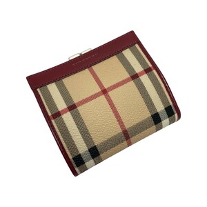 ☆☆ BURBERRY LONDON バーバリーロンドン チェック柄 がま口 2つ折り財布 バーガンディー 布袋有 やや傷や汚れあり