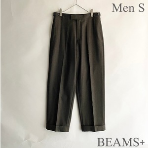 【美品】BEAMS PLUS ビームスプラス ワイドトラウザーズ ドビー ジオメトリック ヘリンボーン シンチバック ウール オリーブ系 size S sk