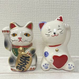 未使用 まねきねこ 貯金箱 2体セット 千万両 縁起物 商売繁盛 開運 ハート 恋愛成就 置物 レトロ コレクション