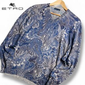 カシミヤ素材/XL ●ETRO エトロ ●極上の肌触り メンズ 長袖シャツ ロンT トップス 薄手 ストレッチ ●全面ペイズリー柄 シルク ネイビー