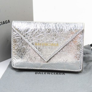 92256★1円スタート★BALENCIAGA バレンシアガ 中極美品 ペッパーミニ コンパクトウォレット 三つ折り財布 レザー シルバー