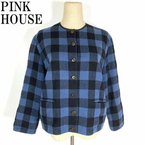 LA1246 ピンクハウス チェック柄ウールジャケット PINK HOUSE マルチカラー 黒ブラック 裏地あり ウール混 フリーサイズ 青ダークブルー