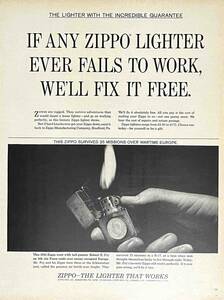 1965年ZIPPO LightersZIPPO ライターが故障した場合は、無料で修理いたします。/ヴィンテージ雑誌広告オリジナル・ポスター