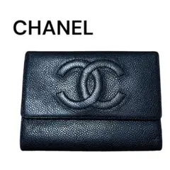 良品 CHANEL シャネル キャビアスキン 三つ折財布 ココマーク ブラック