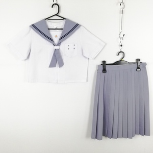 1円 セーラー服 スカート ネクタイ 上下3点セット 指定 大きいサイズ 夏物 青2本線 女子 学生服 長崎桜が原中学 白 中古 ランクC EY9941