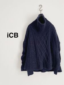 【美品】iCB ゆったりタートルニット ケーブルニット 厚手 ネイビー