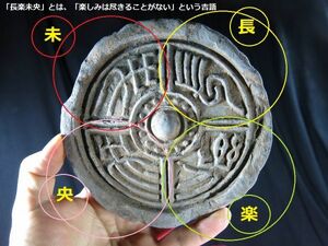 ｃ　漢代文字瓦①　「長楽未央」　漢時代　遺跡発掘品　/素焼き　陶製　屋根瓦　城址　皇帝瓦　墳墓　埋蔵文化財　古墳　埴輪　宮殿瓦　