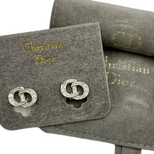 仙14【良品】Christian Dior ロゴ イヤリング 両耳 ラインストーン シルバーカラー クリスチャンディオール CD 保存袋付 レディース