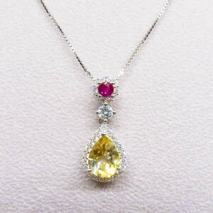 新品　シトリン　ルビー　黄水晶　紅玉　ダイヤモンド　ネックレス　ペンダント　925　シルバー　天然石　宝石　ヴィンテージ