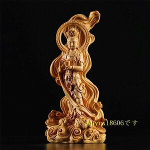 仏教美術◆天然黄楊木　 渡海観音　仏像　観音菩薩木彫　手工彫刻風水工芸品 木造　仏像