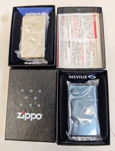 #9707 美品　MEVIUS/メビウス ZIPPOスリム　ブルー/青　シルバー/銀　箱付 着火未確認