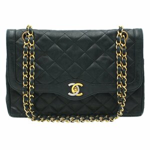 ★B2857 シャネル パリ限定 マトラッセ ラムスキン ダブルフラップ チェーン ショルダーバッグ ブラック CHANEL ヴィンテージ レディース★