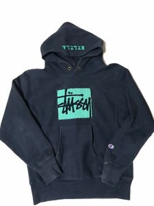 ★STUSSY×champion リバースウィーブ スウェット パーカ 青単色タグ ステューシー チャンピオン パーカー 単色タグ REVERSE WEAVE★