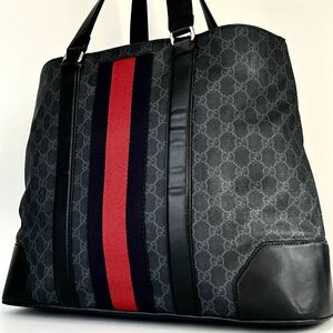 ●高級●GUCCI グッチ GGスプリーム 特大 トートバッグ ビジネスバッグ 鞄 かばん GG柄 シェリーライン A4 PC 本革 レザー PVC 肩掛け 黒