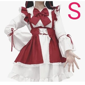 新品 S メイド服 長袖 コスプレ ワンピース ロリータ 仮装 セクシー エプロン カチューシャ ヘアバンド 衣装 可愛い ニーハイソックス付き