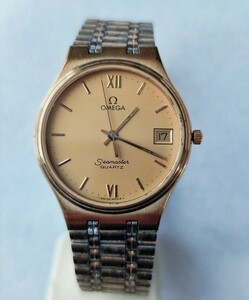 稼働品 OMEGA SEAMASTER メンズ腕時計 ゴールド文字盤 三針デイト付き 新品電池 