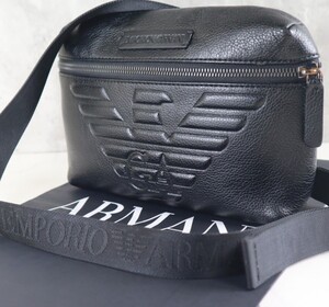 美品 アルマーニ 2way ショルダーバッグ ボディバッグ ショルダーロゴ 斜め掛け メンズ ビッグロゴ シボ革 EMPORIO ARMANI エンポリオ