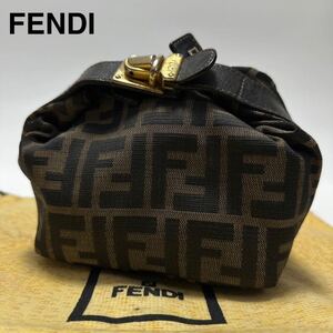 842【極美品】 1円〜 フェンディ FENDI　ズッカ　キャンバス　レザー　ゴールド金具　ロック　ミニバニティ　ポーチ　ハンドバッグ