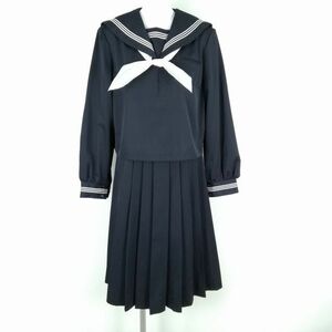 1円 セーラー服 スカート スカーフ 上下3点セット 大きいサイズ 冬物 白3本線 女子 学生服 中学 高校 紺 制服 中古 ランクC NA6725