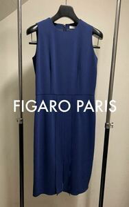 美品 日本製 【FIGARO PARISフィガロパリ】ノースリーブワンピース ネイビー 高品質 良質生地トレアセテート70% サイズ36 Sくらいひざ丈 