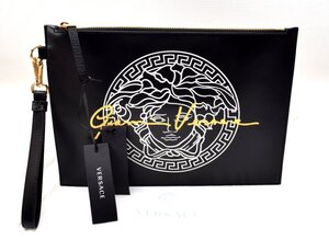 ☆★年末年始在庫一掃セール★☆未使用品 VERSACE ヴェルサーチ【メデューサ ロゴ レザー クラッチバッグ】ブラック×ゴールド金具 タグ