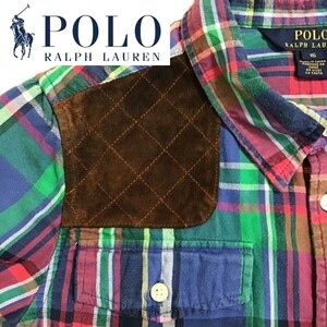 ★訳アリ格安!!★正規品★【Polo Ralph Lauren ラルフローレン]本革肩パッチ付 チェック柄 長袖 シャツ[140]青 ピンク レザー 老舗 K-478