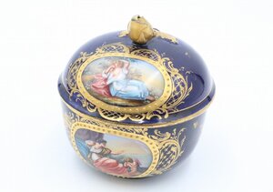 【ト長】 Meissen マイセン Deckeldose ボンボニエール 磁器 コバルトブルー カルトゥーシュ 1870年頃？ 約8.5cm×8.5cm IR177IOC28