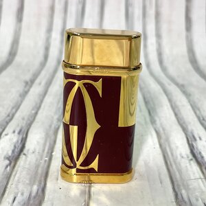 m002 H2(30) 1円～ Cartier カルティエ ロゴ ガス ライター 喫煙具 ボルドー ゴールドカラー 着火確認済み