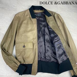 美品/XXL相当☆ DOLCE＆GABBANAドルチェ&ガッバーナ ラムレザージャケット シングルライダース ブルゾン 羊革 本革 裏地総柄 52 D＆G