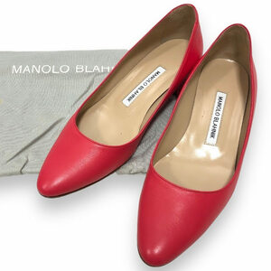 ▼【MANOLO BLAHNIK】マノロ ブラニク アーモンドトゥパンプス チャンキーヒール イタリア製 サイズ37 ピンク シューズ 靴 RA7087