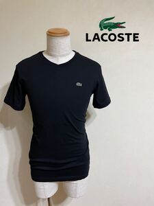 【良品】 LACOSTE ラコステ Vネック コットン Tシャツ トップス ブラック トップス サイズ4 半袖 黒 ラコステジャパン 日本製 TH065E