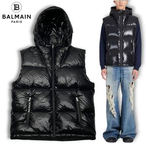 30 国内正規品 BALMAIN バルマン TO055XB21 down Vest フーデット ナイロン ダウンベスト ジップアップ ジレ 54 ブラック メンズ