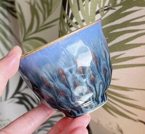 中国 宜興紫砂k24金辺天目釉 杯カップ（番号A3065）
