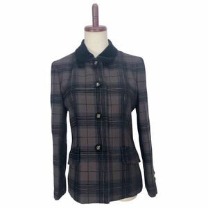 Vintage BURBERRY バーバリー　レディース　ブラウン　チェック柄　ベルベット切り替え　ジャケット　ブレザー　アウター　上着　38表記