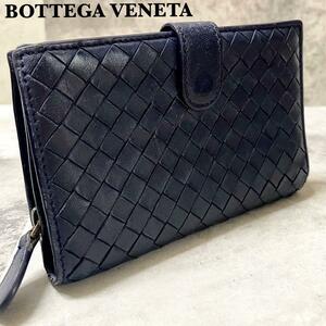 良品●BOTTEGA VENETA ボッテガヴェネタ 二つ折り財布 イントレチャート 編み込み レザー 財布 ウォレット メンズ ネイビー 紺色 本革