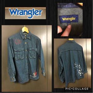 ★Wrangler ラングラー デニムシャツ オーバーシャツ 上着 ジャケット 刺繍 ペイント入り インディゴ レア キッズ 男の子150cm 美品　