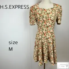 美品 H.S.EXPRESS ひざ丈ワンピース レトロ 総花柄 リボン付き M