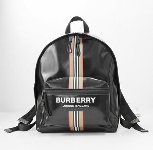 BURBERRY ◆バックパック 黒 (保存袋付き) ロゴ ストライプ リュックサック デイパック バーバリー ◆D-3