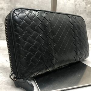 美品 RFIDタグ IC搭載 ボッテガヴェネタ BOTTEGA VENETA 長財布 ラウンドファスナー ジッピー イントレチャート レザー メンズ ビジネス 黒