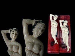 H0358B 置物 2点「女性像 裸婦像」 東洋彫刻 細密細工 美人像 木台付 縁起物 飾物 インテリア 時代物 重47g
