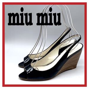 レディース miu miu [ミュウミュウ] ウエッジソール サンダル ミュール オープントゥ エナメル ブラック 黒 36 23cm シューズ イタリア製