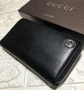 正規店/鑑定済みGUCCIシェリーラインラウンドファスナー／ブラックレザー