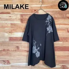 MILAKE Tシャツ 半袖 チュニック 花柄 チャコールグレー 綿100%