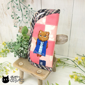 茶猫ちゃんの手刺繍メガネケース～ピンク系パッチワーク bb629-545
