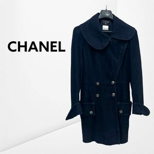 高級 CHANEL シャネル 97A P09496V00392 ヴィンテージ オールド CHANEL PARIS ロゴボタン ヌバックレザー コート レディース