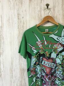 V835☆【スタッズ付き KILLS LOVE SLOWLY Tシャツ】Ed Hardy エドハーディー 緑